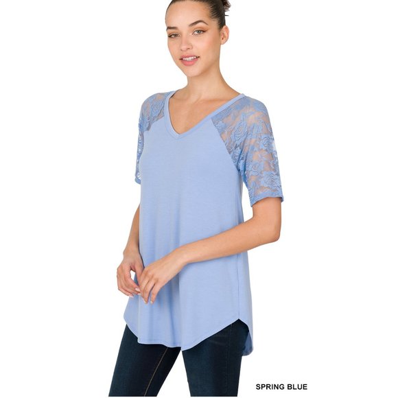 Short Sleeves Top - Spring Blue Color - Lace Sleeves - Round Hem - Picture 5 of 5